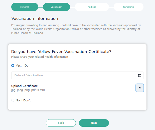 Formulário para comprovar a vacinação da Febre Amarela no Thai Health Pass