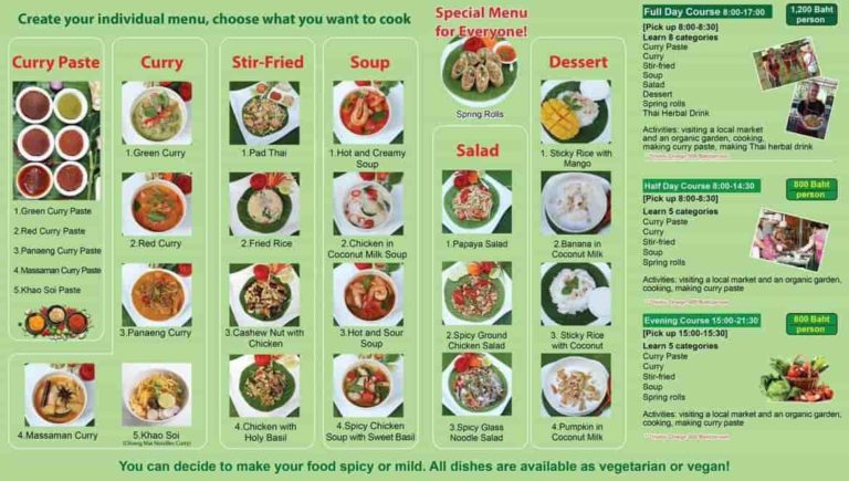 opções de pratos para aprender durante curso de culinária na Tailândia