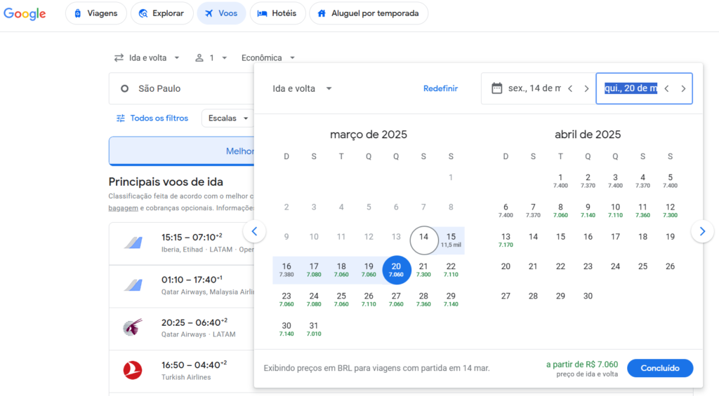 Pesquisar passagens no Google Flights