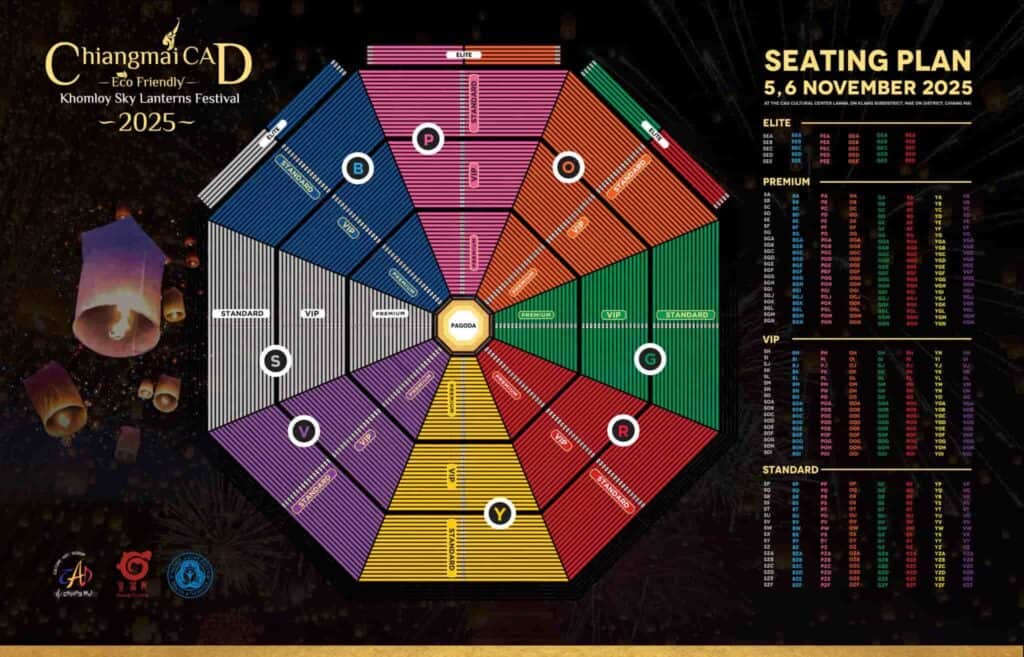 Segmentation de assentos do festival Phi Phi Brazuca em Chiang Mai 2025, com diferentes categorias e áreas VIP, padrão e premium.