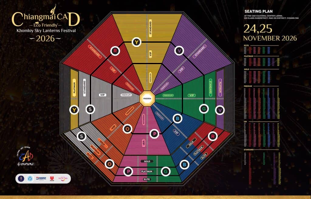 Mapa de assentos do Festival Chiang Mai 2026, variedade de setores e ingressos disponíveis.