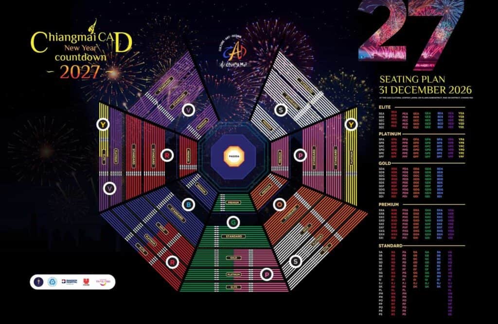 Mapa de assentos do Festival de Ano Novo em Chiang Mai, 31 de dezembro de 2026.