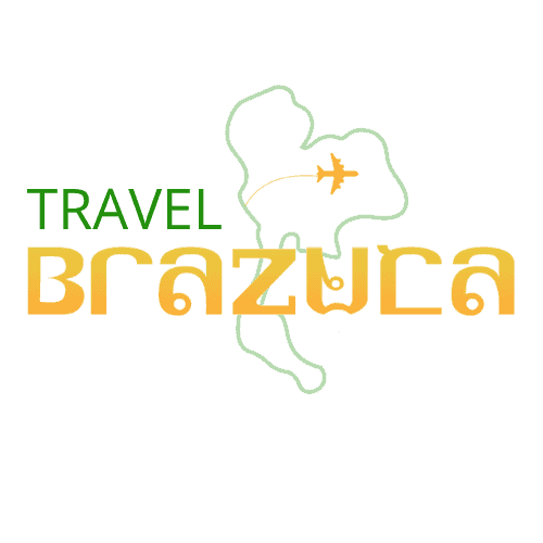 Imagem de logo com mapa do Brasil, avião e texto "Travel Brazil".