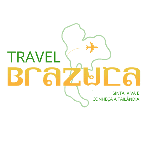 Imagem de logo com mapa do Brasil e Tailândia, avião e texto promocional.